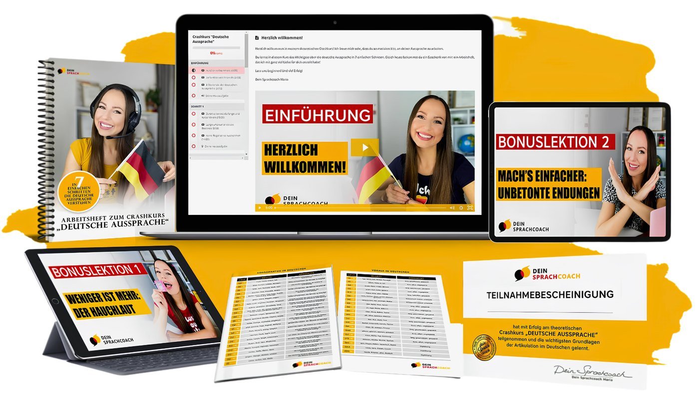 Inhalte des Crashkurses 'Deutsche Aussprache' von Dein Sprachcoach Maria: Videolektionen, Arbeitsheft, Checklisten und Bonuslektionen